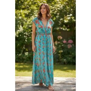Jealous Tomato Womens Floral Maxi Dress Turquoise Blue Orange V-Neck Smocked M